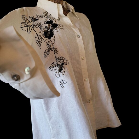 White Linen Button-Up Shirt With Black Floral Embroidery & Beaded Design - Picture 3 of 15